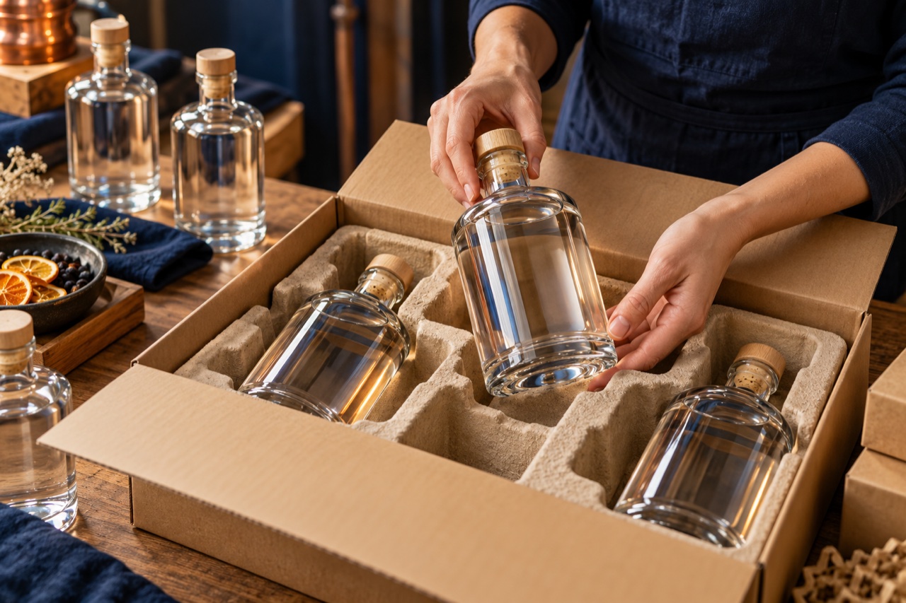 Illustration of a glass bottle being placed in a protective carton insert.